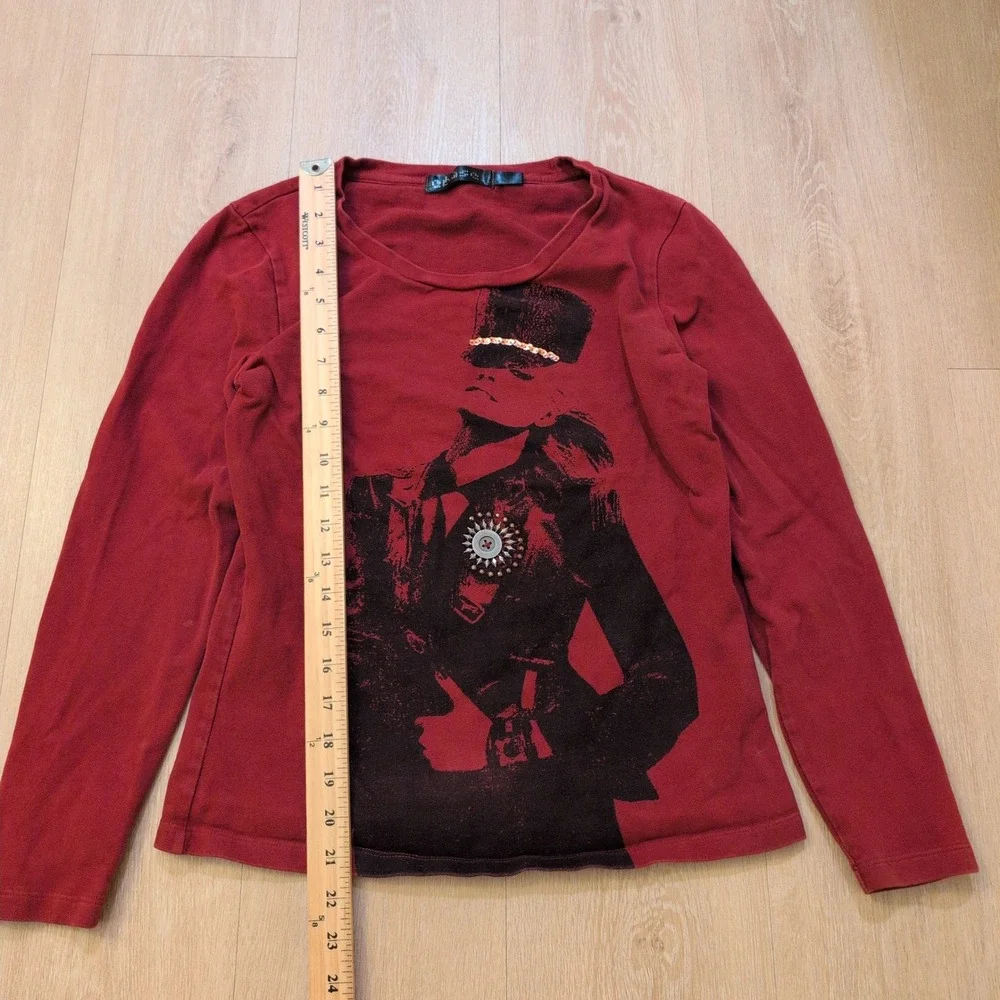 Y2K Abbey Dawn Type Women XS Military Rhinestone Graphic Long Sleeve Shirt - Picture 4 of 6